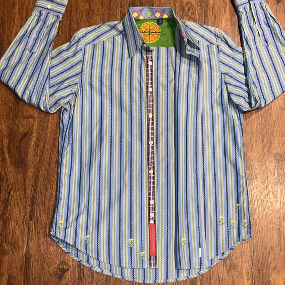 Robert Graham Long Sleeve Blue/Green Pinstriped Embroidered Flower Shirt-Sz M - Picture 6 of 13
